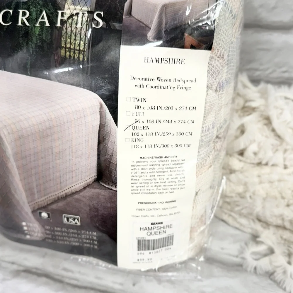 Vtg Sears Crown Craft Hampshire Queen Bedspread Waffle Weave Ivory Pastel Fringe